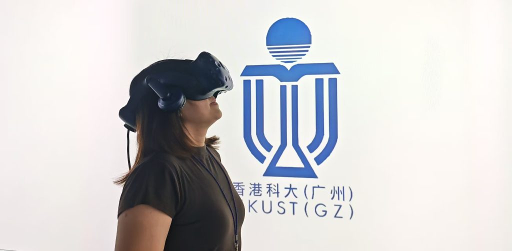 Participant wearing a virtual reality headset at HKUST (Guangzhou) for the Before the Step pedestrian crossing study
